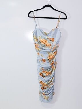 Nookie Garden Party Ruched Satin Square Neck Floral Flower Midi Dress Medium